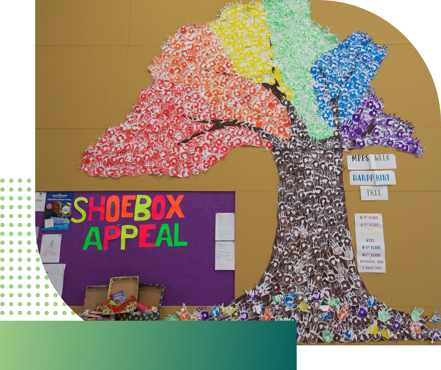 art tree in a school made out of prints  of pupils hands in different colours for the Christmas shoe box appeal