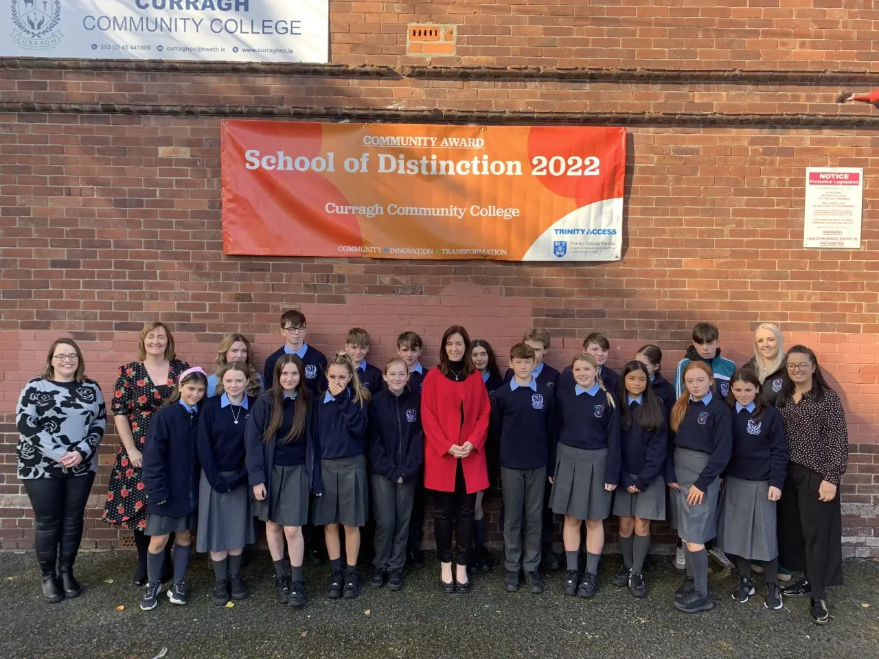 Principal & Students of Curragh Post Primary pictured for receiving the School of Distinction award 2022