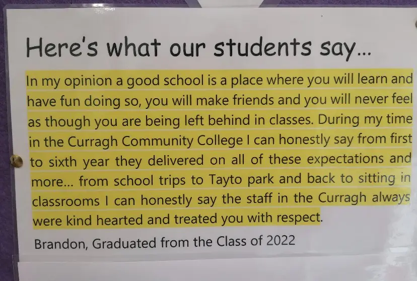 image of what students have to say about the ethos of Curragh Community School 