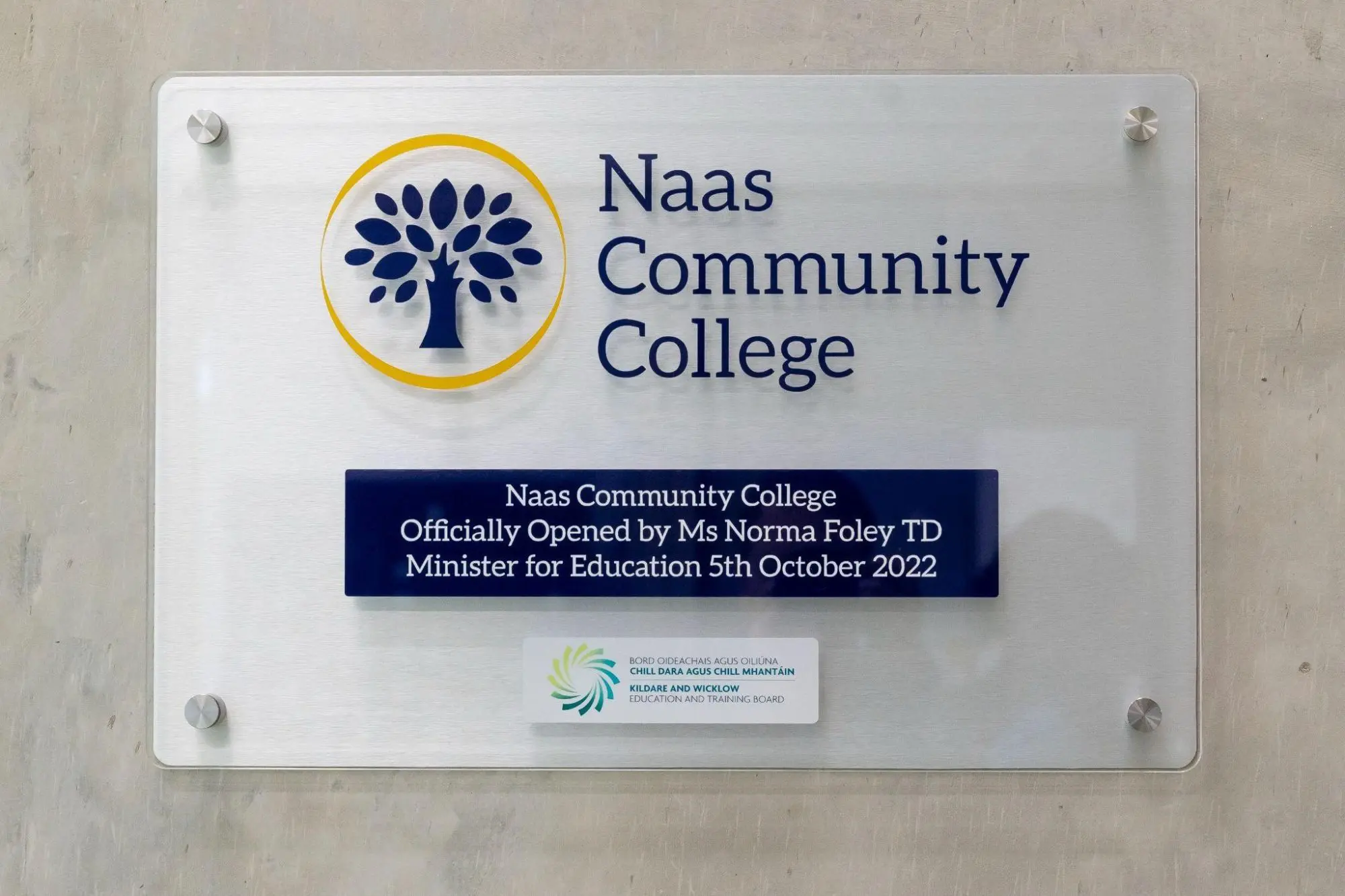 Naas Community College plaque for it's opening date