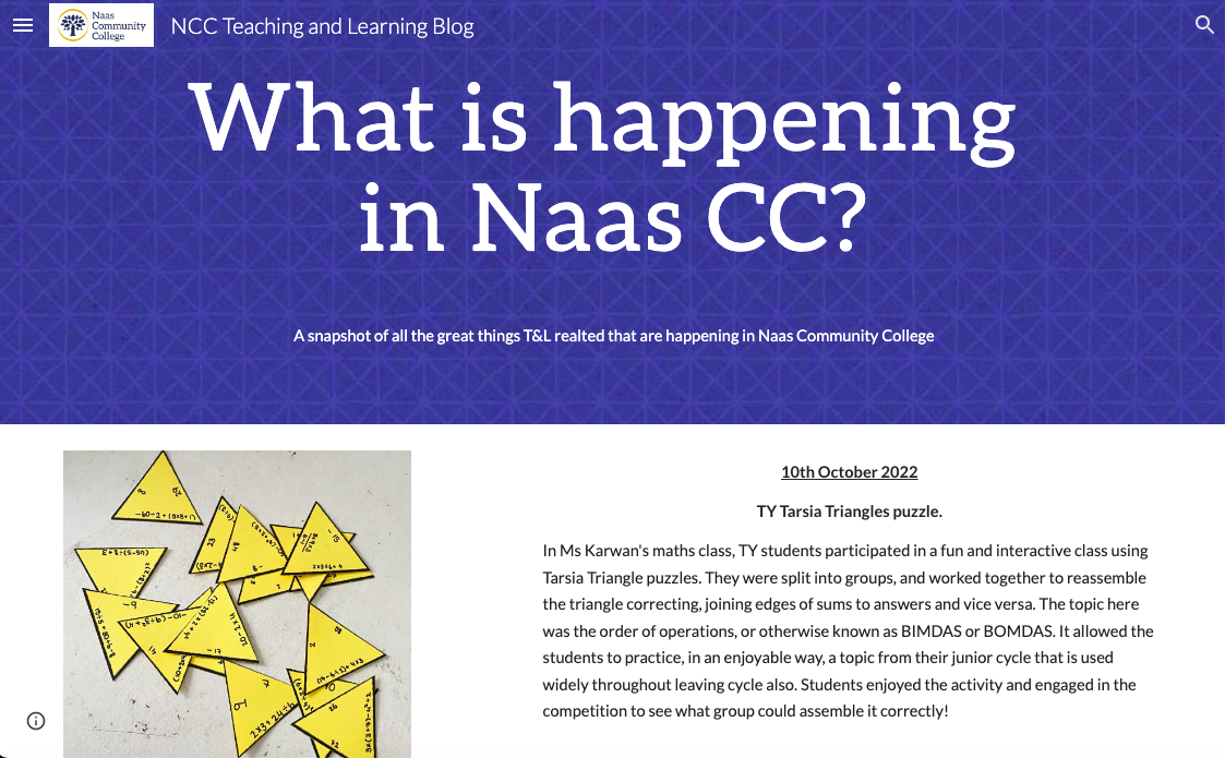 What is Happening in Naas CC? A Snippet from the schools online blog.