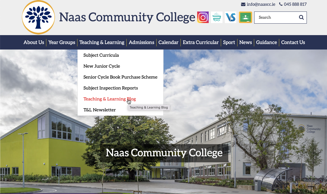Screenshot of the Naas Community College website and where to access the blog 