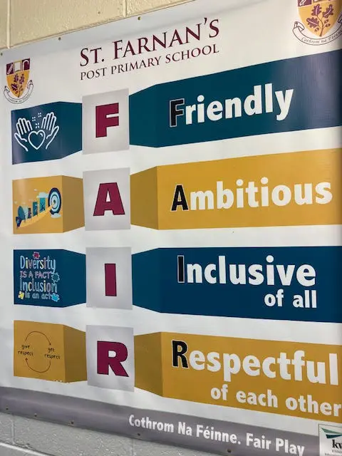 St. Farnan's Post Primary School poster of a FAIR acronym used to remind students to be friendly, ambitious, inclusive, and respectful at all times