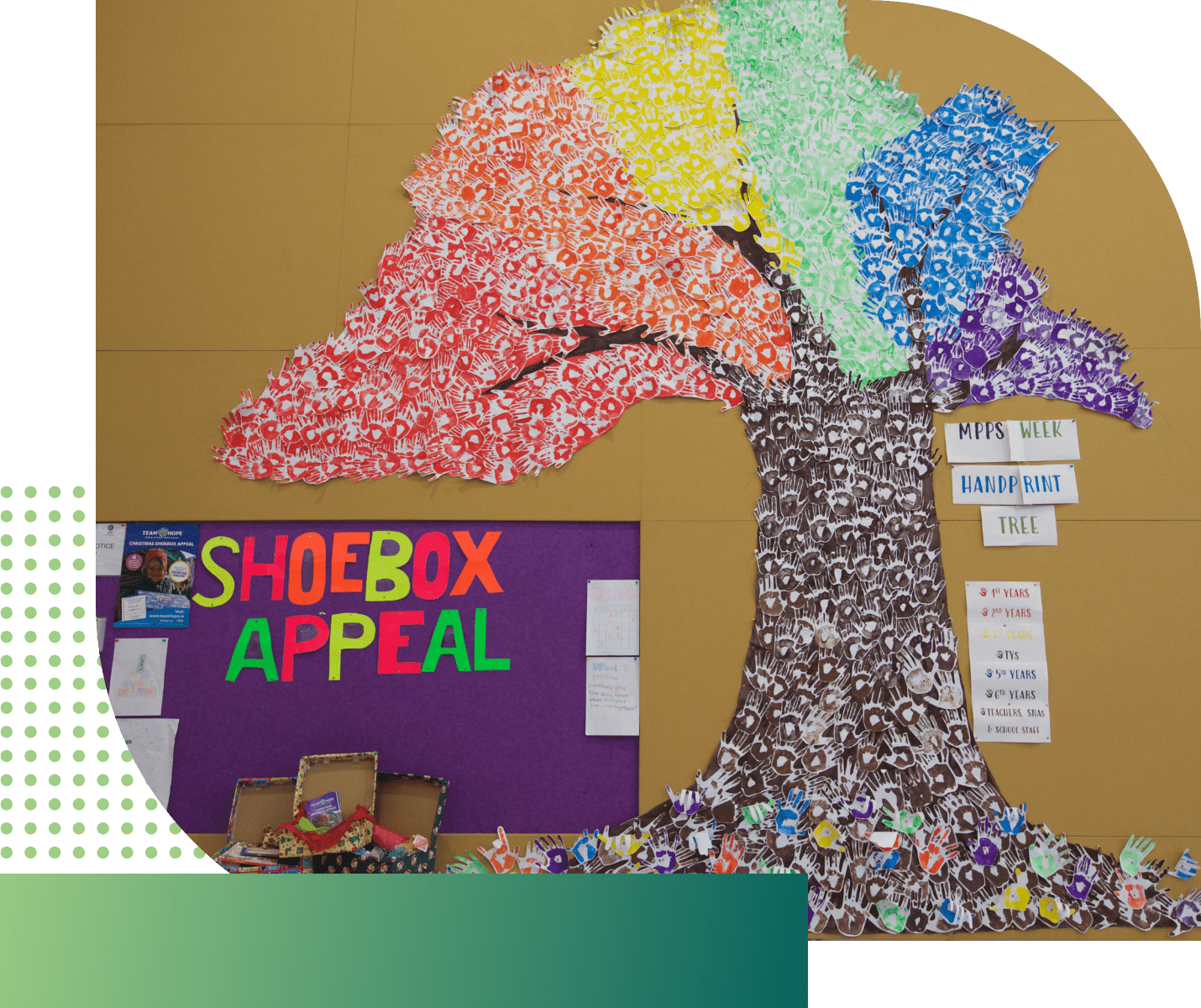 art tree in a school made out of prints  of pupils hands in different colours for the Christmas shoe box appeal