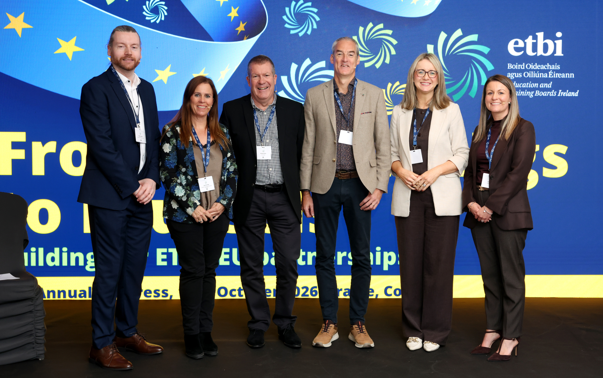 Pictured during Education and Training Boards Ireland's (ETBI) Annual Congress panel discussion on AI and inclusion (L-R) Maurice Boland Department of Education and Youth, Inge Gorostiaga Basque Government, Michael Hallissy H2 Learning, John 'Ogie' Sheehy ViClarity, Karen McBride Director of OSD Cavan and Monaghan ETB with Ashley Stephens, Tertiary Manager and Further Education and Training (FET) College Development Assistant Principal Officer with Kildare and Wicklow ETB.